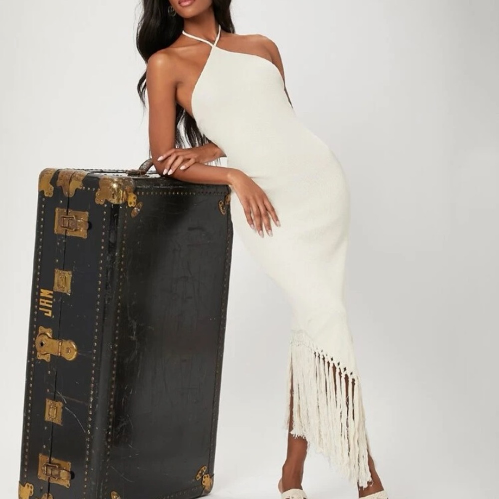 Beige Halterneck Fringe Hem Bodycon Dress